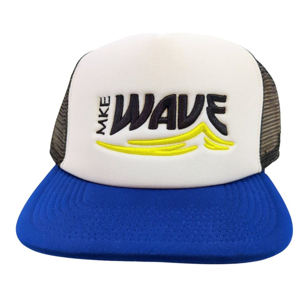 MKE Wave Dome Foam Trucker Hat Blue White Black Mesh Snapback Milwaukee Soccer